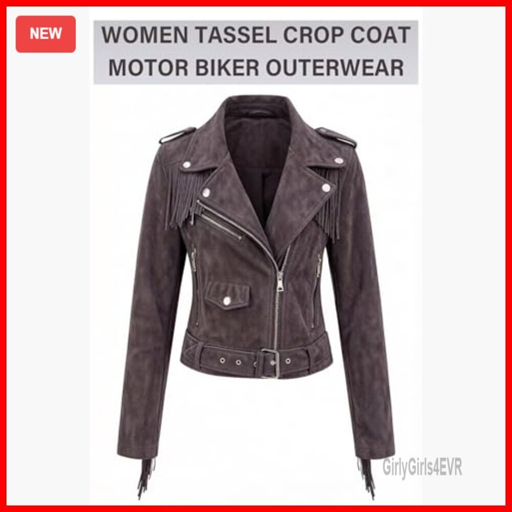 Short Faux Leather Moto Jacket with Tassel Trim and Belt - Picture 4 of 7